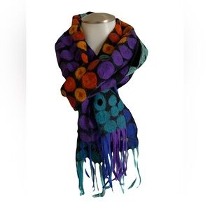 Colorful Polka Dot Felted Wool Scarf - Purple, Teal, Orange and Black